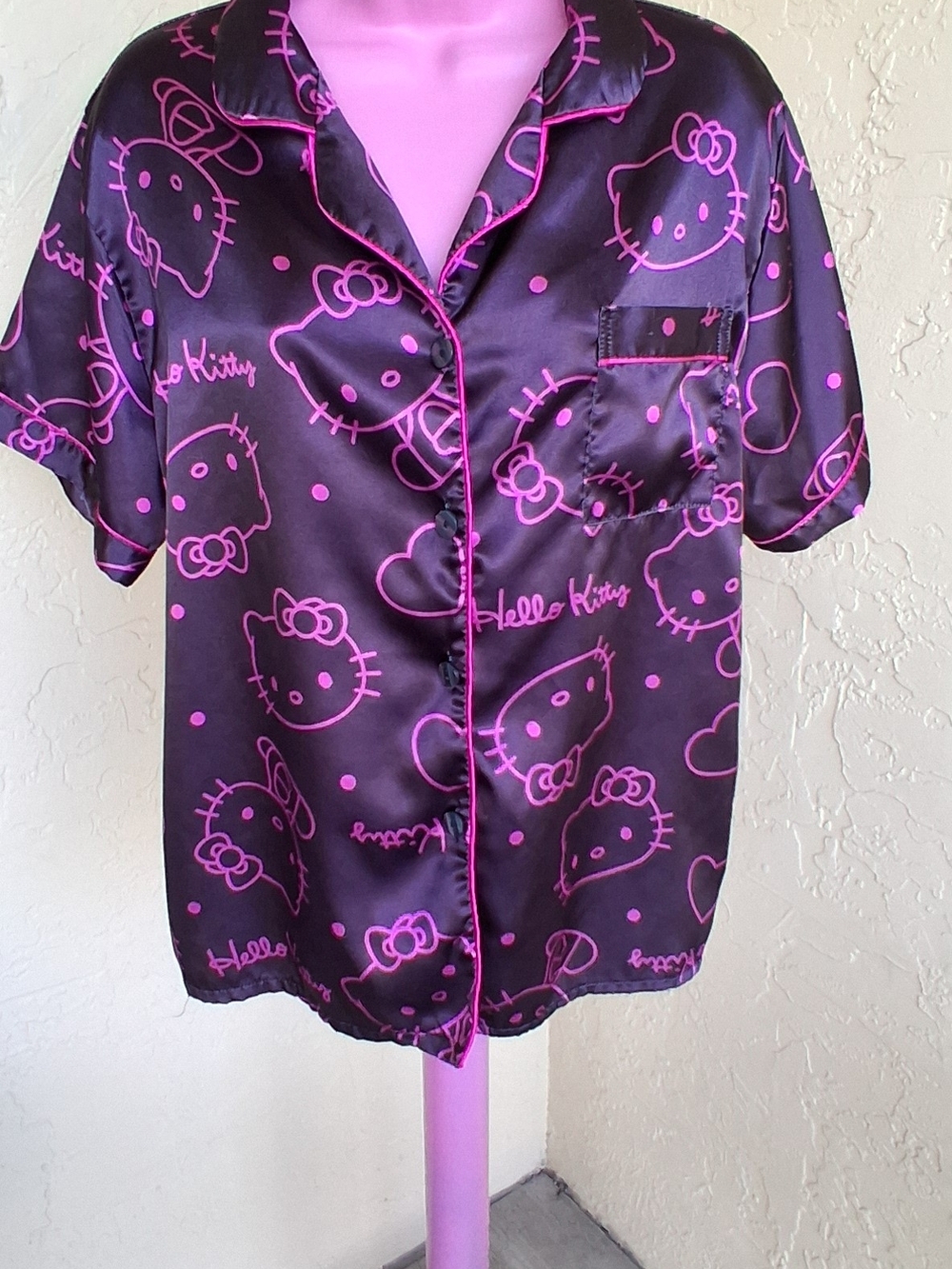 Hello Kitty Black Satin Button-Up Top with Hot Pink Print